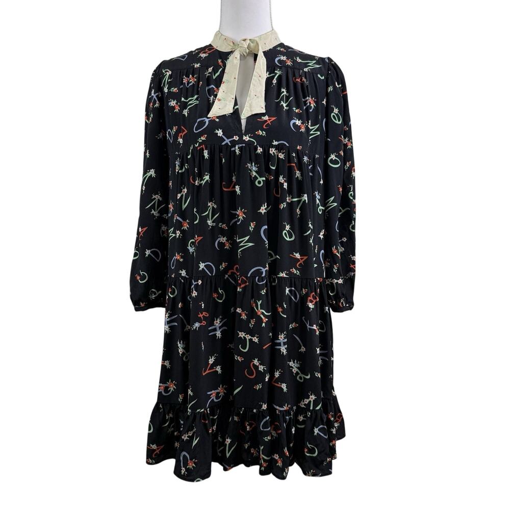 Manoush 100% Silk Black Floral Alphabet Dress Size 36 (US 4) Tie Neck Tiered